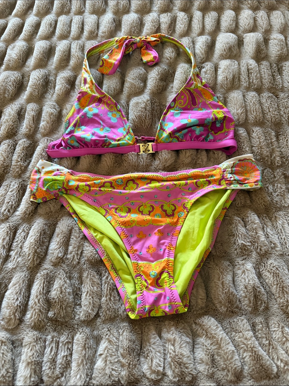 Trina Turk Pink & Lime Paisley Halter Bikini